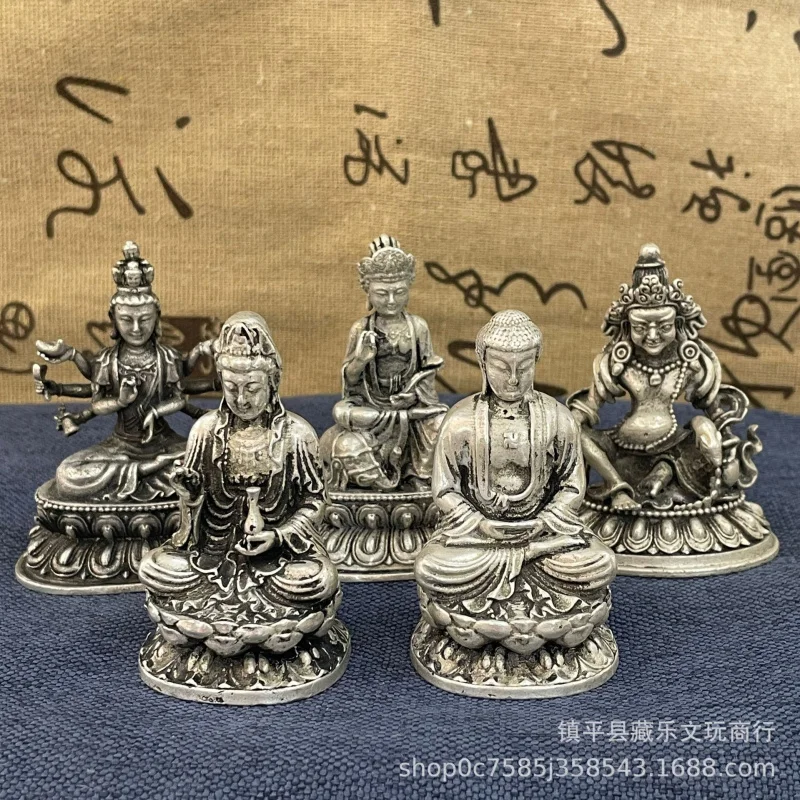 Antique Tibetan-style small , silver-plated white copper mini Buddha statue, Guanyin, Tathagata, Yellow Wealth God