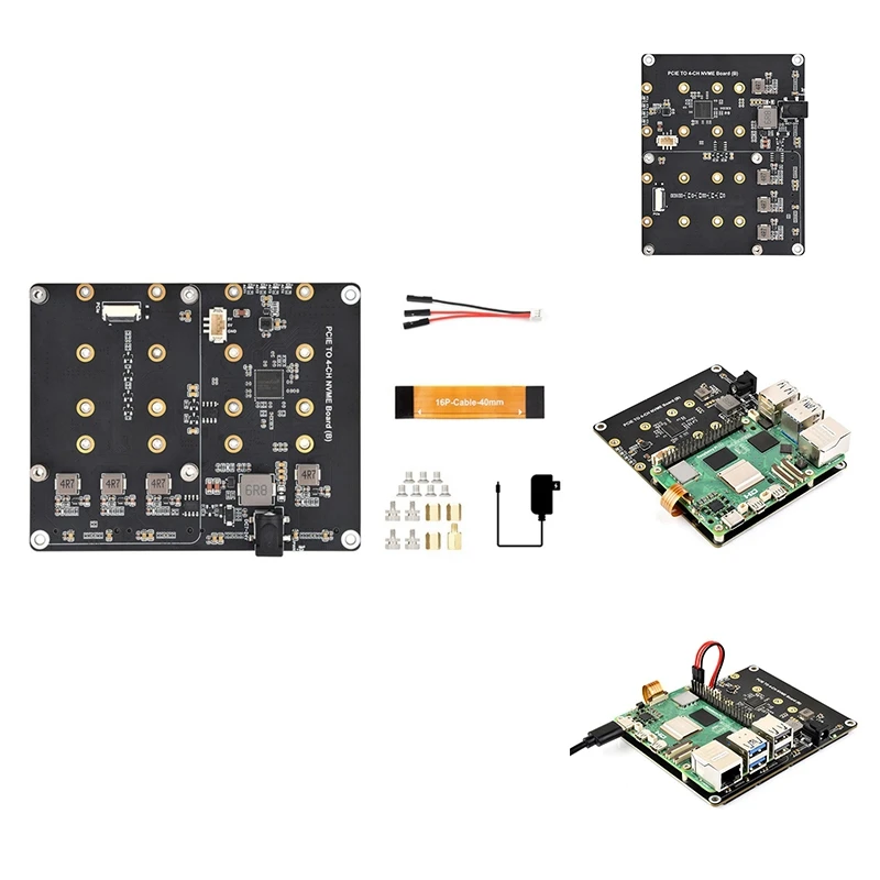 For Raspberry Pi 5 Pcie To 4-CH M.2 Nvme Adapter Board Compatible With 2280/2260/2242/2230 M.2 Hard Drives US Plug