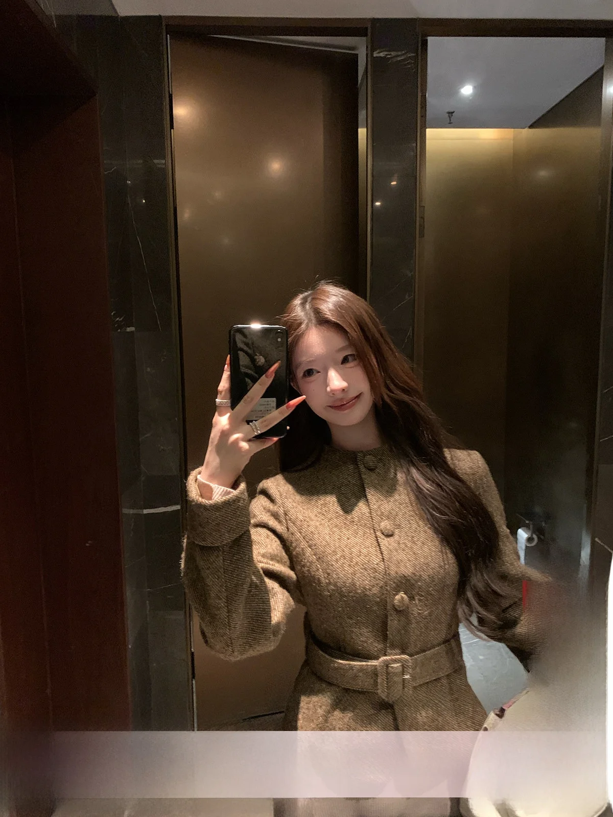 

YOLI Brown Woolen Coat Women's Winter Waist-Cinching Slimming Wool Top Commute Simple Sle Long Sve Regular Length