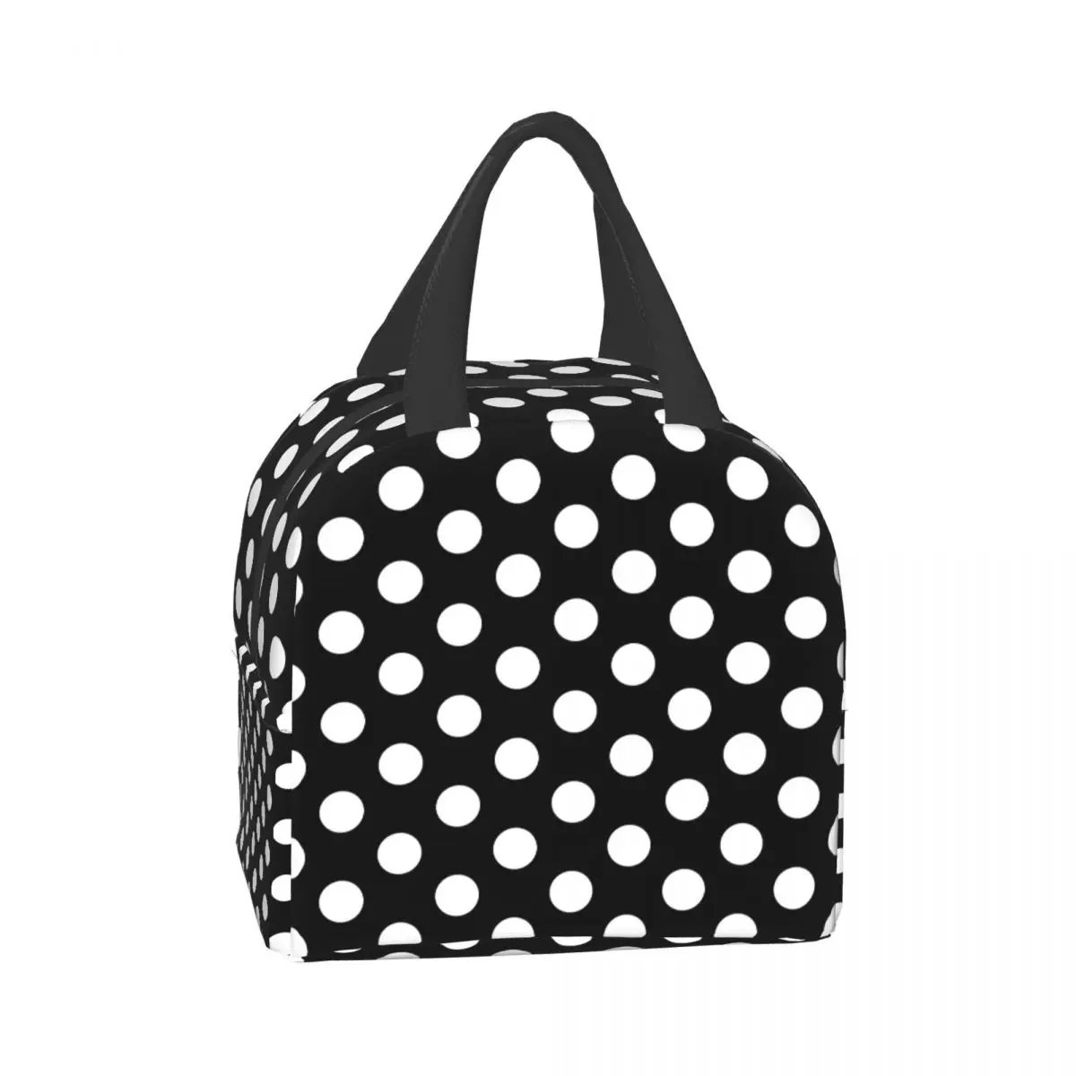 Borsa per il pranzo a pois in bianco e nero per le donne Borsa termica portatile isolata per alimenti Lunch Box Borse da picnic per viaggi