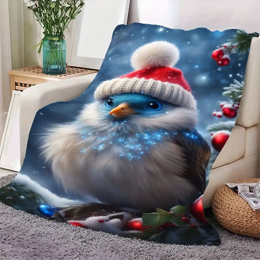 Charming Cute Fluffy Bird Winter Hat Throw Blanket - Cozy Polyester Soft Blanket Featuring a Whimsical Snowy Scene with Blue and - view 2
