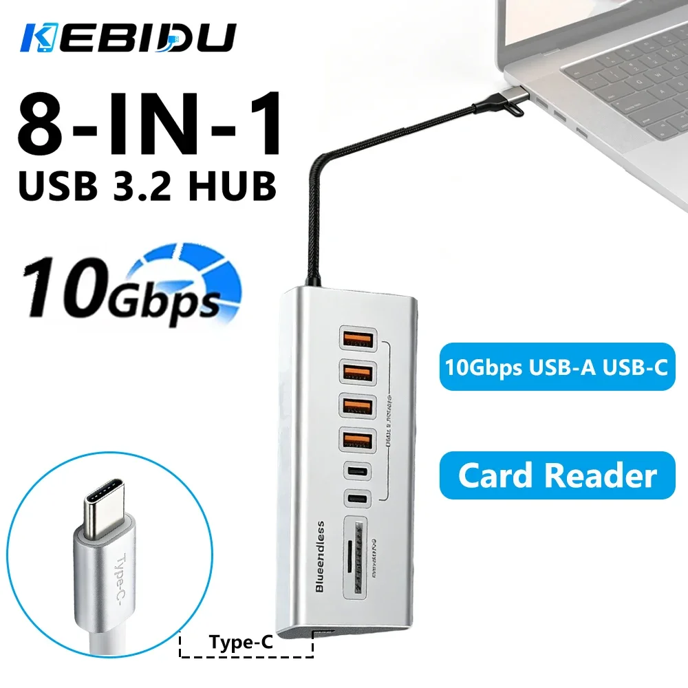 KEBIDUMEI 10Gbps USB 3.2 GEN 2 Docking Station 8 Ports USB-C HUB Type C Splitter Data Transfer Adapter Card Reader For PC Laptop