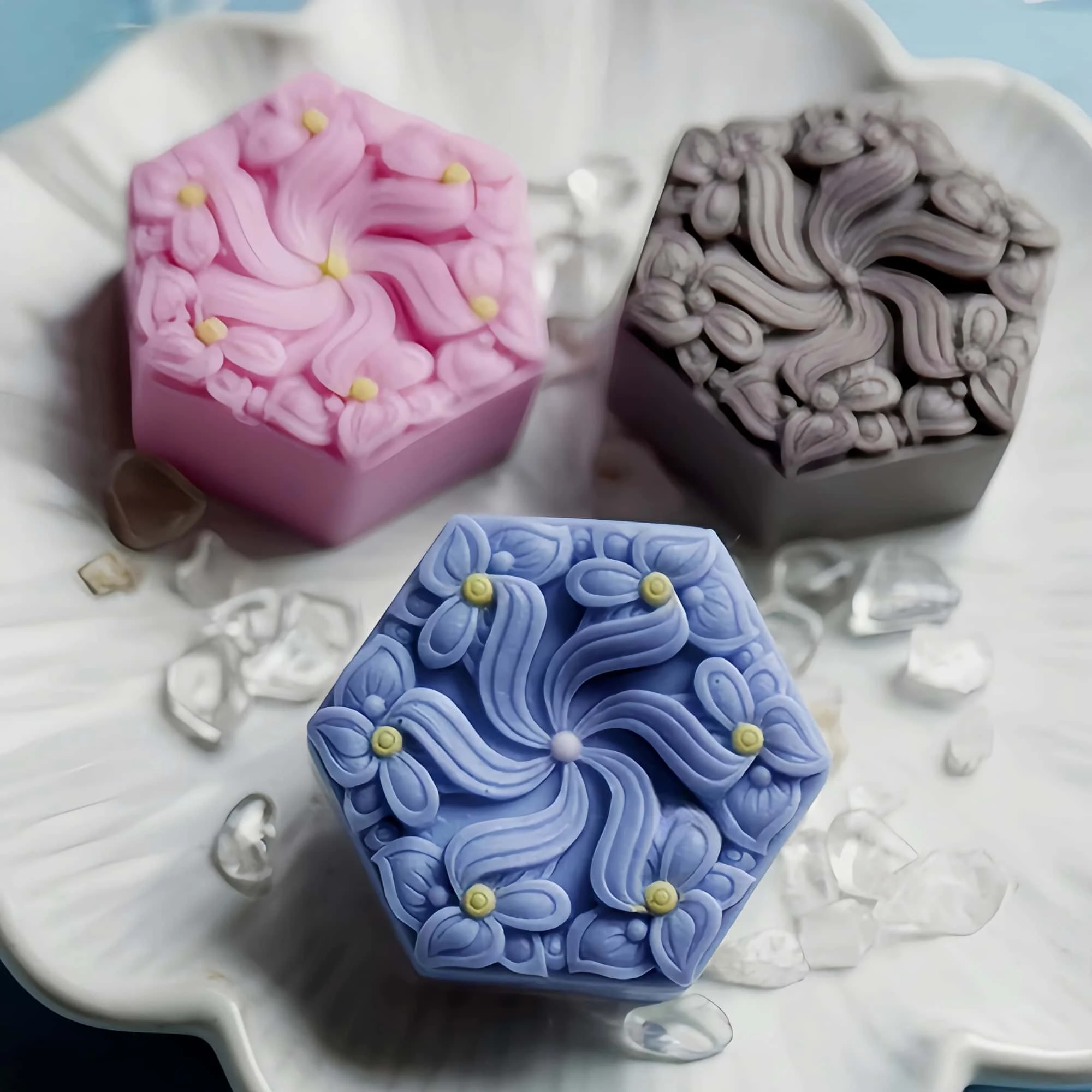Hexagon Flower Silicone Soap Mold,DIY Chocolate Cake Molds,Decorated Plaster Resin Craft Mould