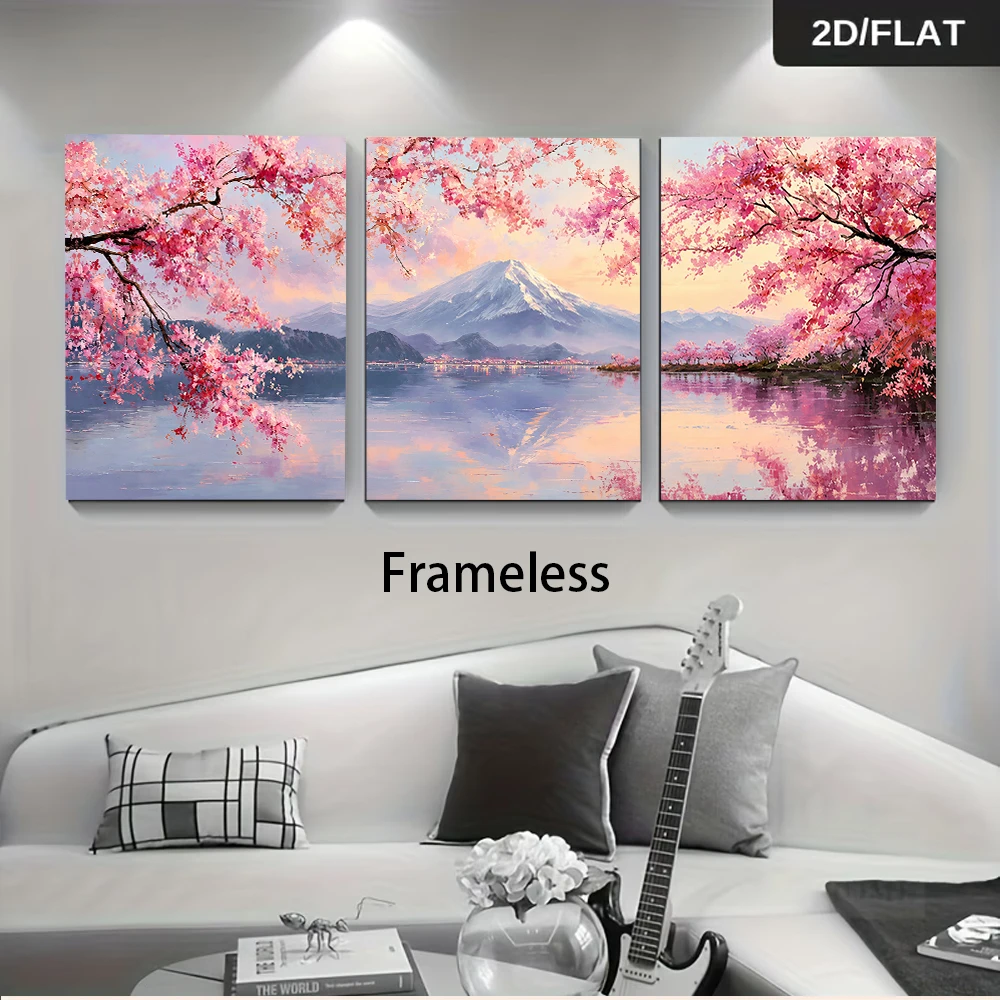 1 set of triptych cherry blossom Mount Fuji scenery simple living room study background frameless decorative painting 2D plan