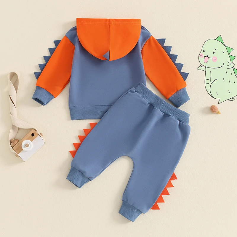 2024-05-27 Lioraitiin Toddler Boy Dinosaur Outfits, Contrast Color Long Sleeve Hoodie Elastic Waist Pants 2 Piece Set for Fall