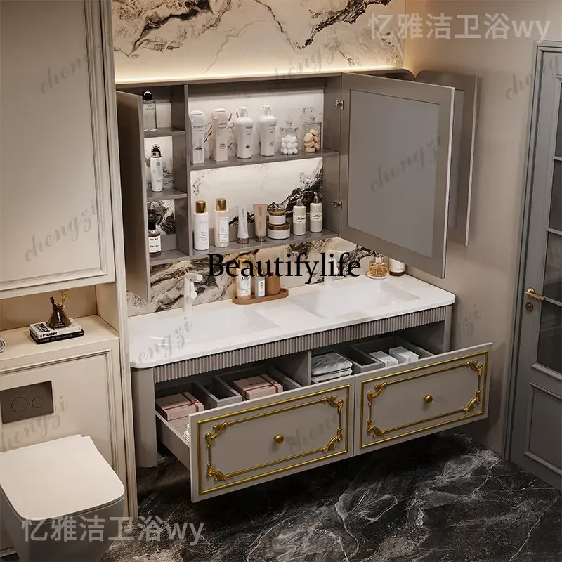 Seamless Integrated Bathroom Furniture Vanity with Slab Stone Basin 2026 New Model Modern Design Wall-Mounted Storage Cabinet b5