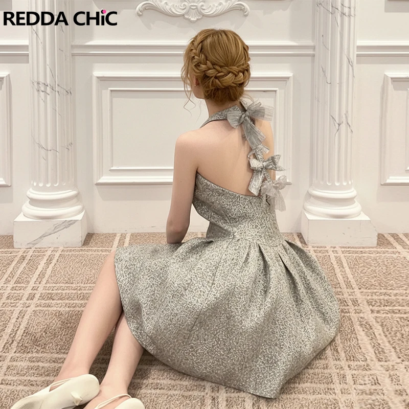 

Короткое платье REDDACHiC с золотыми нитями, женское, текстурированное, серое, винтажное, пышное, с открытой спиной, с бантом, на бретельках, цельное, для дня рождения, женская одежда