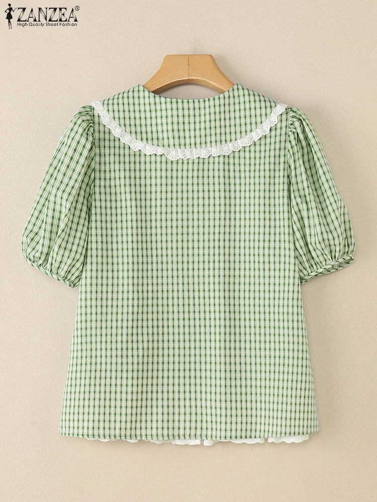 ZANZEA, blusa elegante de manga corta abombada, camisas de verano para mujer, camisa elegante con cuello de solapa, camisa de retazos para mujer, Tops de trabajo OL de gran tamaño