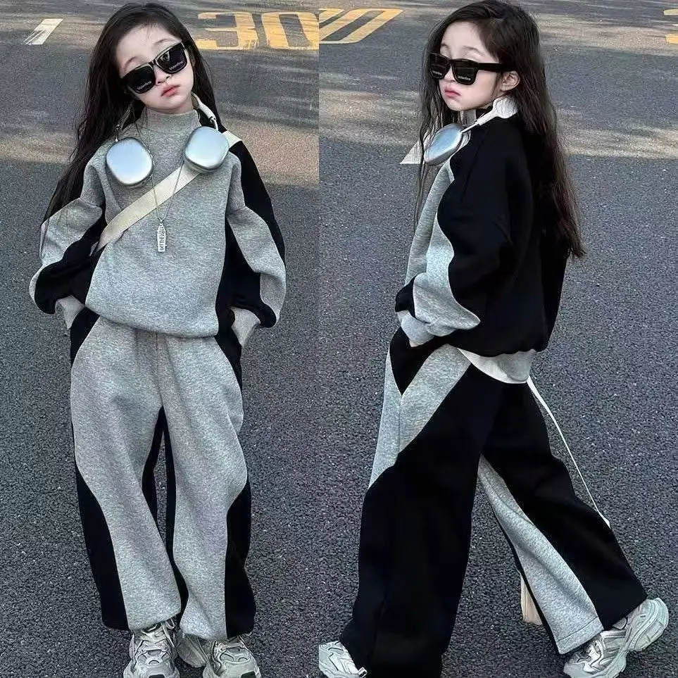 Kids Tracksuit Spring Autumn Girls Clothes Casual Loose Sweatshirt + Pant 2Pcs Children Suit Teenager Color Matching Outfits 158