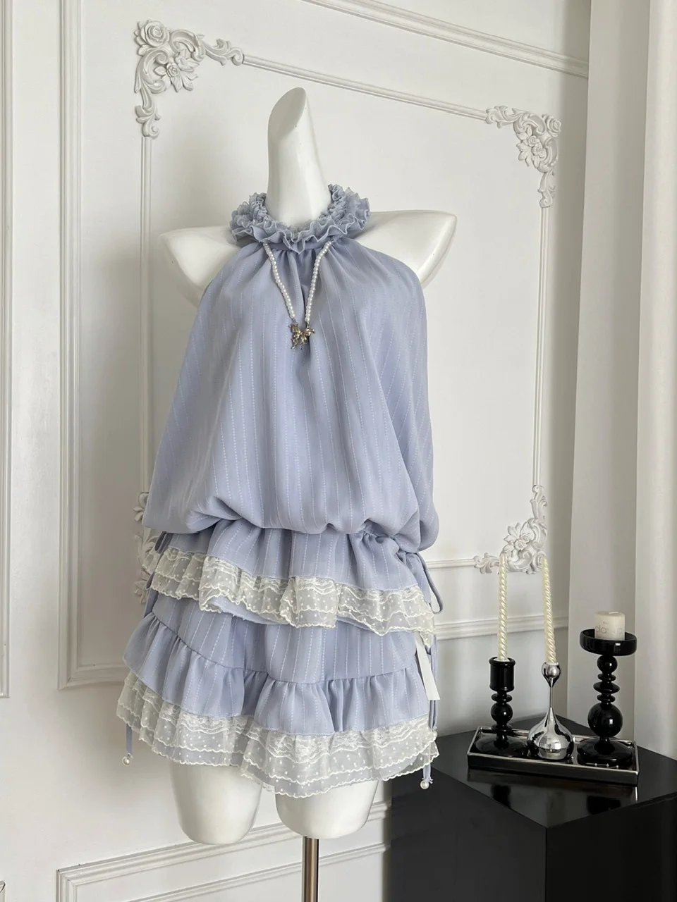 

Blue Lace Trimmed Svel Hanging Ne Design College Sle Pure Desire Sweet Spicy Two-Piece Set for Women Summer Faion