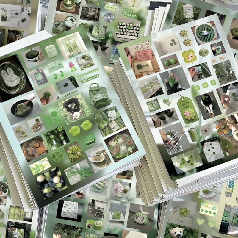 8 Sheets Forest Green Color Die-Cut Stickers Fresh Cartoon Doodle Decals INS DIY Decor Scrapbook Journal Phone Case Sticker