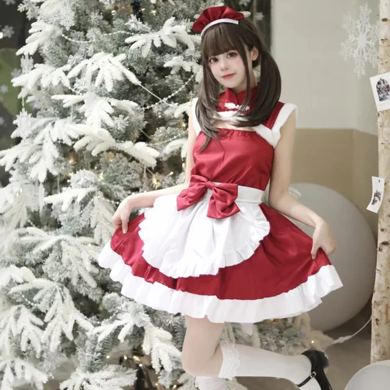 Christmas New Year Role Play Party Women Girls Red Maid Outfit Cosplay Suit Cute Outfit Lovely Girls Housemaid Cosplay Costume