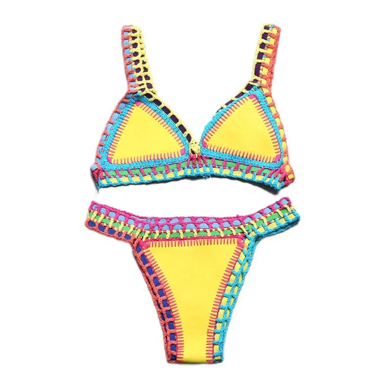 

Bikini Crochet 2025 Handmade Knit Patchwork Reversible 2 Piece Swimsuit Women Halter Top Brazilian Bathing Suit Thong Swimwear