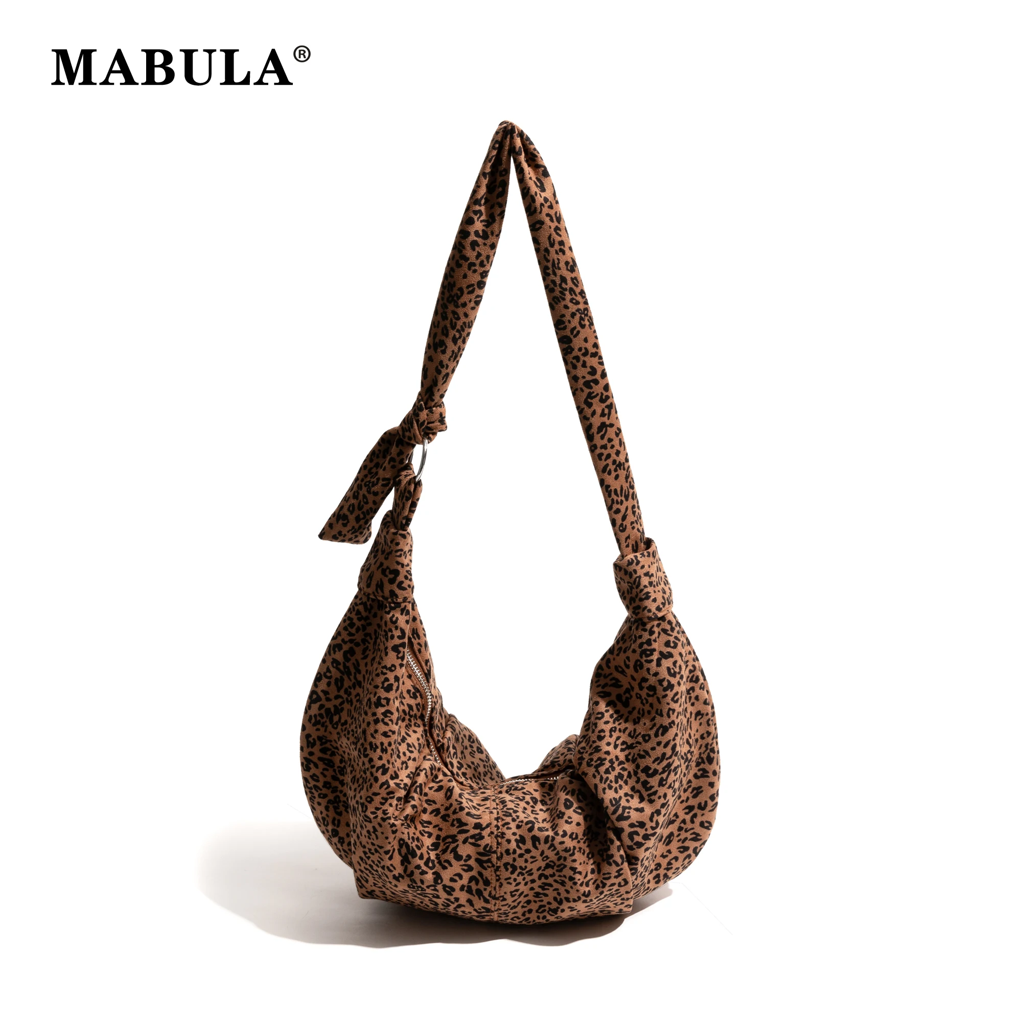 MABULA Retro Pleated Leopard Shoulder Purse Knot Strap Lady Vintage Canvas Dumpling Bag Zipper Design Hobos Crossbody Bag