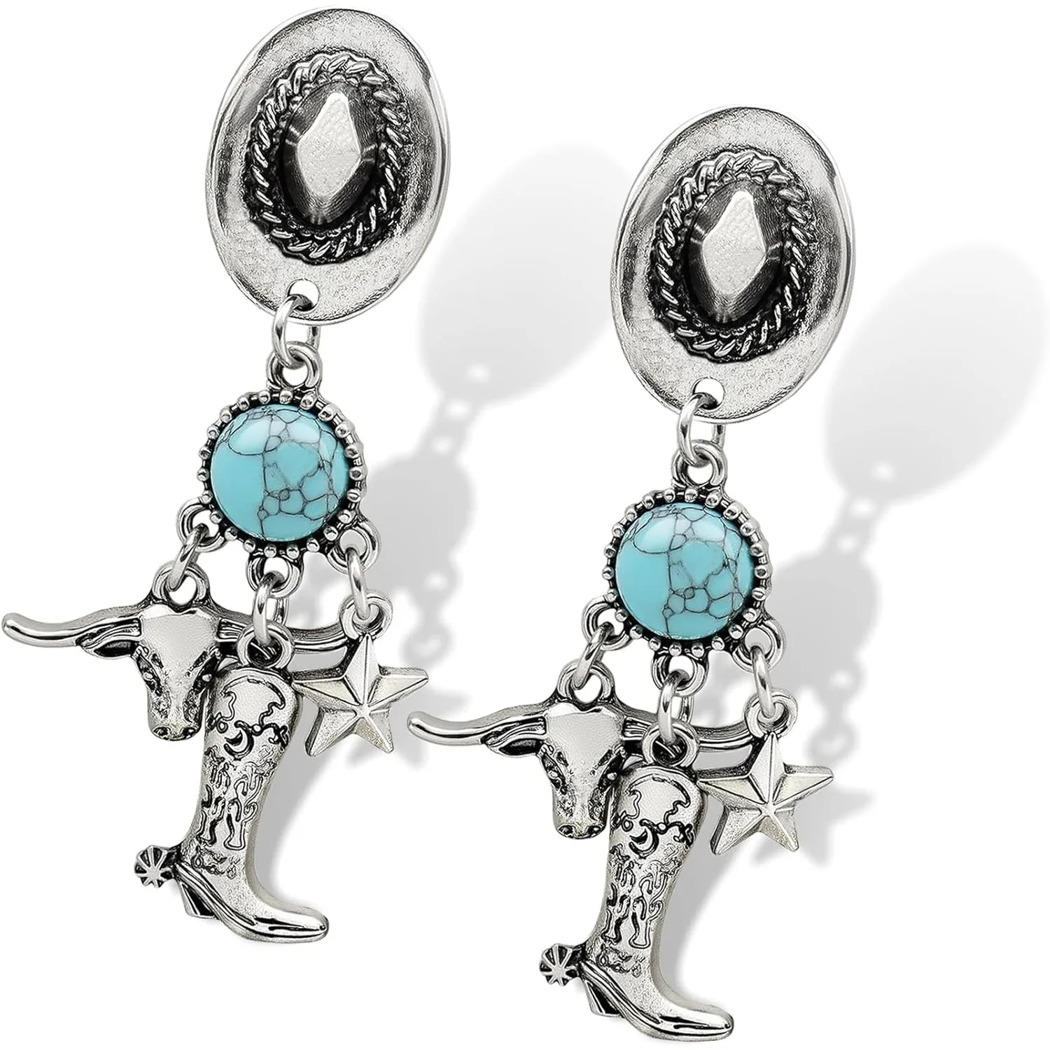 Western Cowboy Hats Green Stone Earrings for Women Cowgirl Rodeo Boots Dangle Earrings Texas Cow Head Star Ear Jewelry Gift