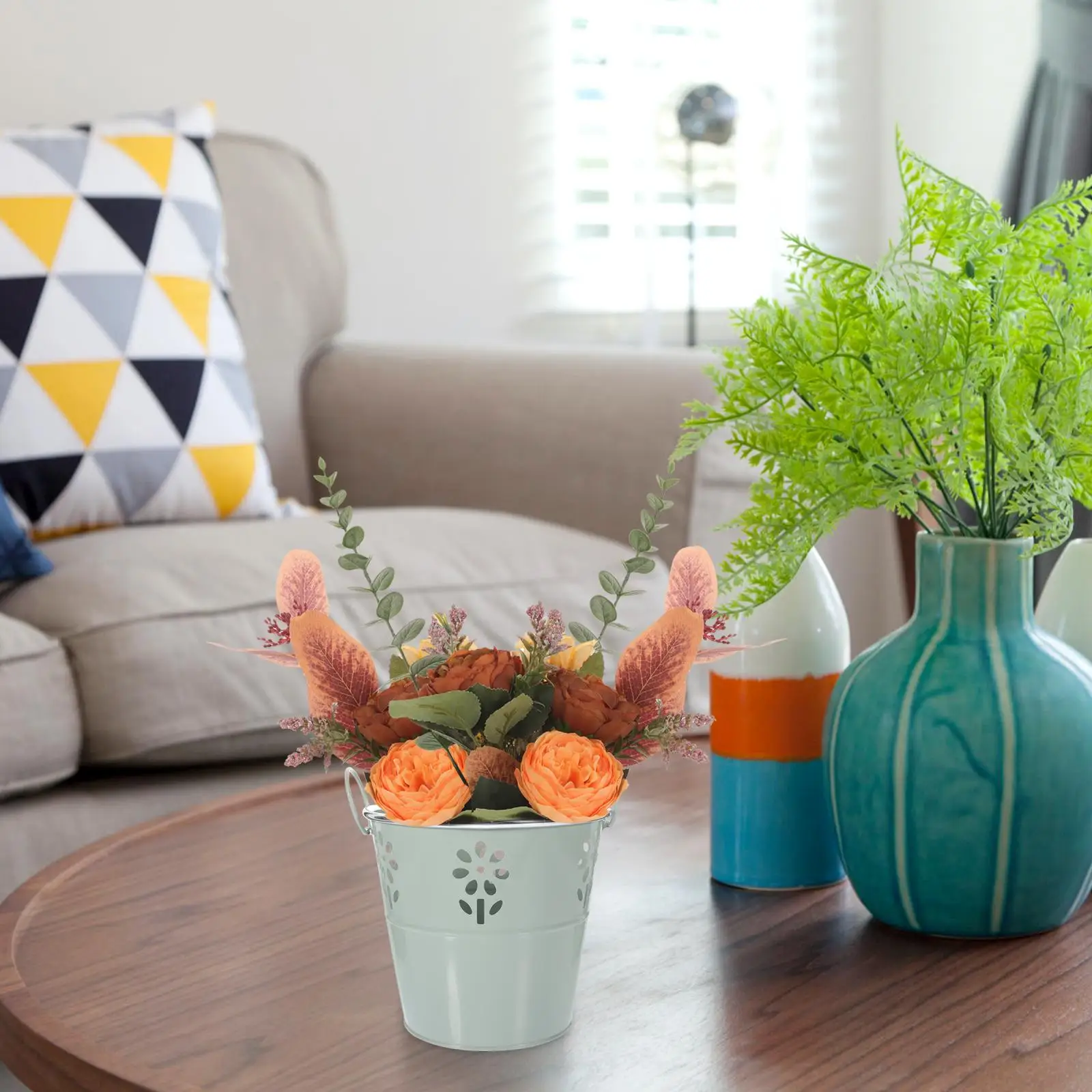 

Rustic Tin Flower Pot 16x14x11 Gray Blue Iron Bucket H Decorative Container for Flowers Plants Home Office Display Vintage