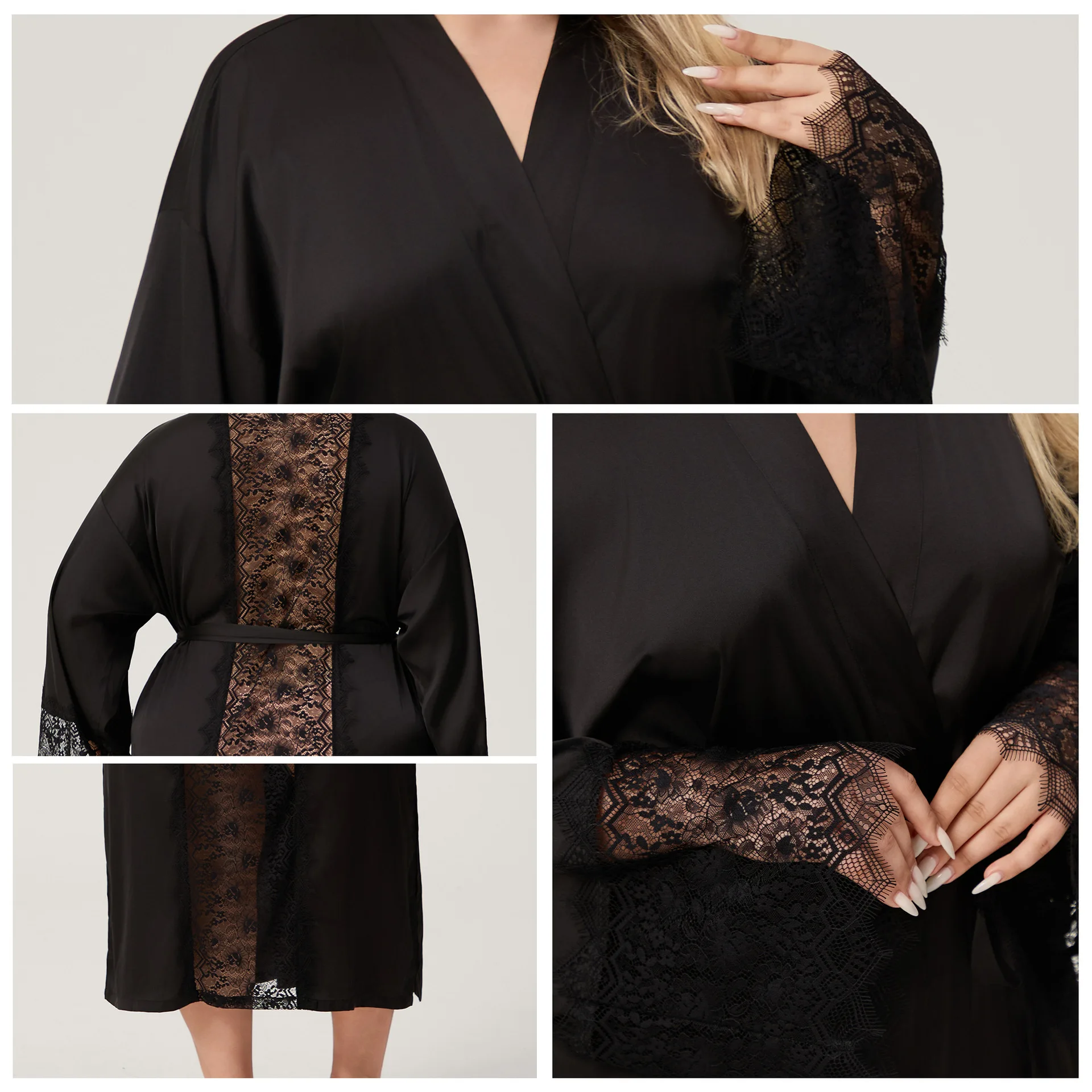 

Black Back Lace Satin Patchwork Robe Summer Long Sleeve Kimono Bathrobe Women Sexy Rayon Home Loungewear