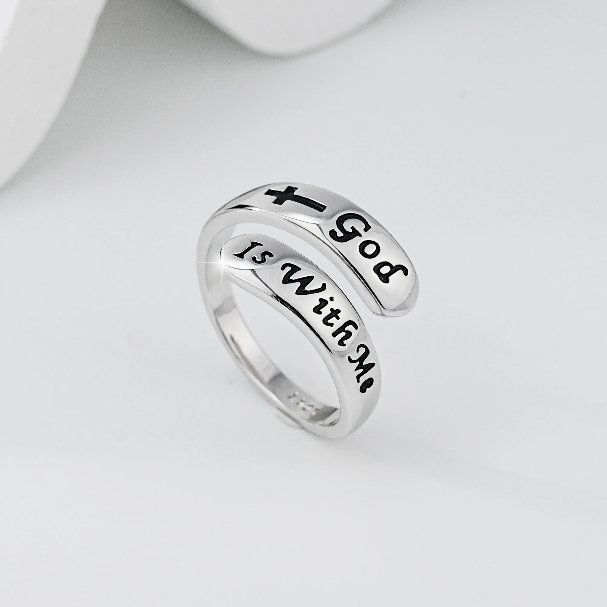 925 Sterling Silver Open Ring God Is With Me Cross Engraved Faith Christian Inspirational Adjustable Unisex Wedding Anniversary