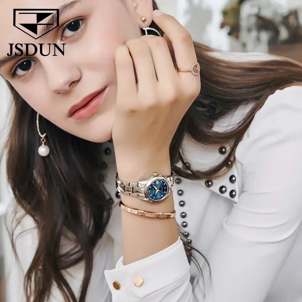 JSDUN 8813 Japan Automatic Mechanical Waterproof Watch For Women Business Tungsten steel Strap Women Wristwatch Calendar