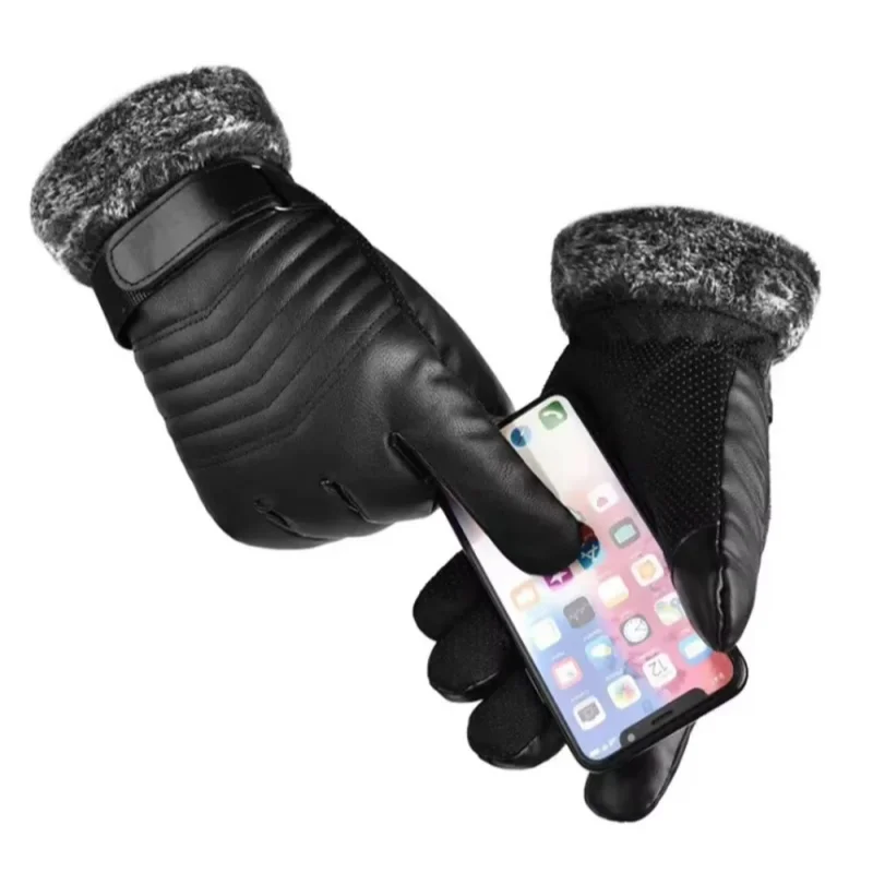 Gloves Winter Men's Fur Mouth Plush Insulation Gloves Outdoor Cycling Motorcycle PU Touch Screen Cotton Gloves Windproof Warm