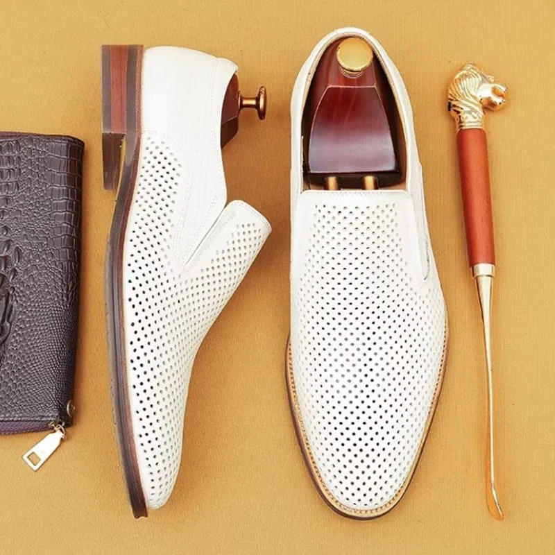 New Arrival Men's Perforated Hollowout Leather Loafers Summer Genuine Leather Slip-on Casual Shoes Business Sandals Dress Shoes