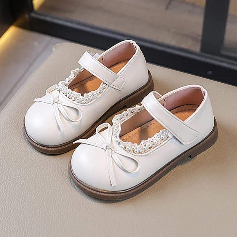 

Children's Leather Shoes Fashion Lace Bow Girls' Princess Shoes 2025 Spring New Soft Soled Baby Kid's Casual Mary Jane Shoes