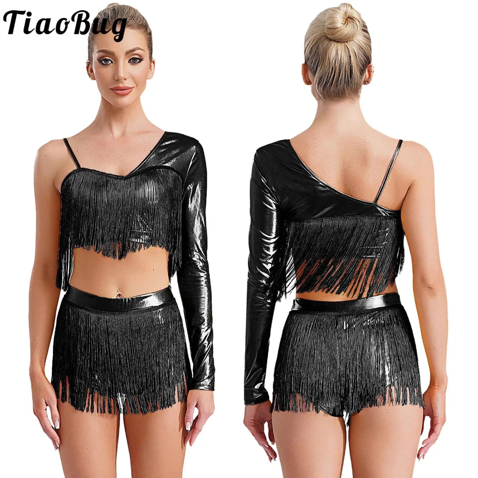 Kobiety Metaliczne frędzle Sukienka do tańca latynoamerykańskiego Tribal Bra Crop Top i Hip Scarf Briefs Outfits Carnival Party Tango Samba Rumba Dress