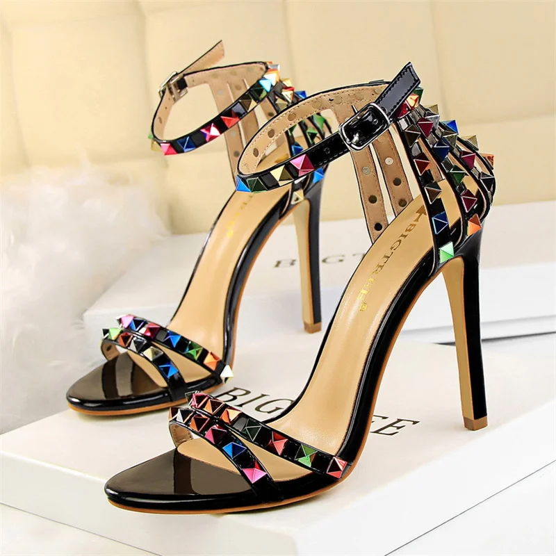 

Color Rivets Women Sandals Roman Style Heeled Sandals Hollow Out High Heels Stiletto Sexy Party Shoes Sandals 5