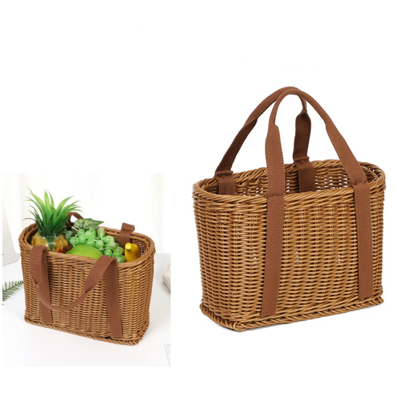 Japanese Hand Woven Picnic Basket Imitation Rattan Large Shopping Baskets Fruit Vegetable Storage Basket with Handle