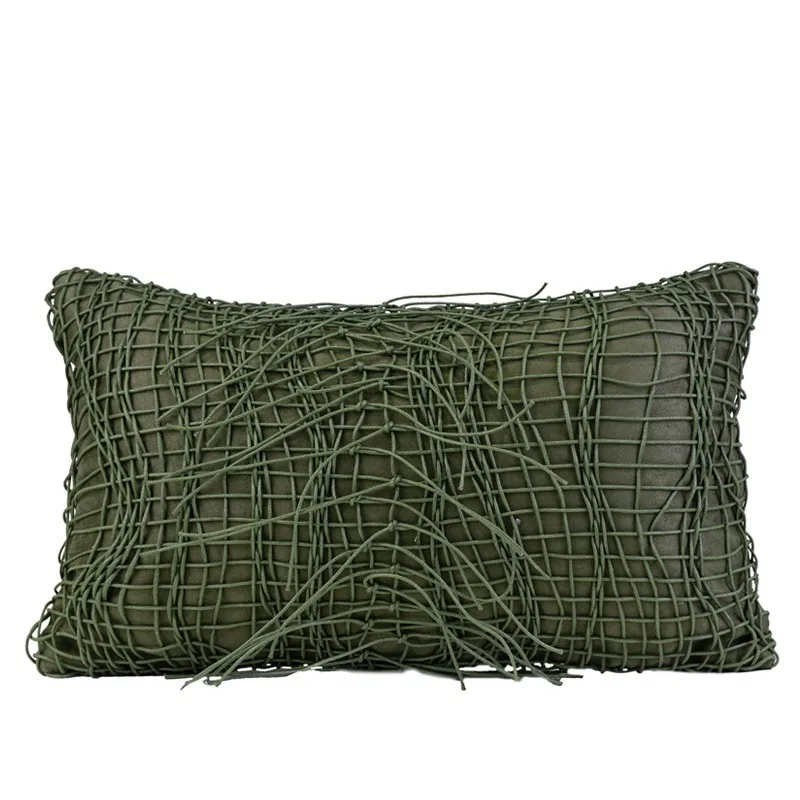 Green Cushion Cover Rope Woven Tassel Style Rectangle 30x50cm Pillow Case Modern Light Luxury Model Room Sofa Pillow Cover