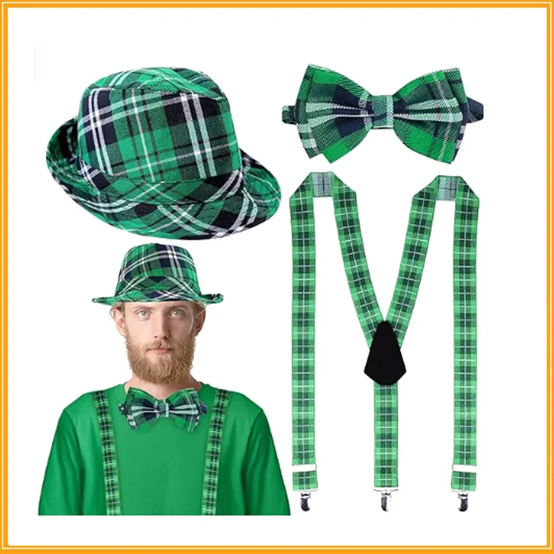 

Irish Festival Saint Patrick Day Costume Accessories 3-piece Set Green Plaid Hat Bow-knot Shamrock Suspender