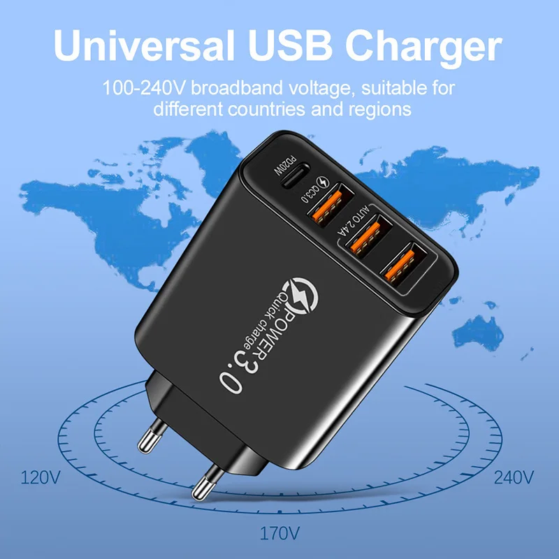 Total 20W Multi Port Wall Charger USB PD Adapter For Xiaomi iPhone 13 12 for Samsung Mobile Phone Plug Charging