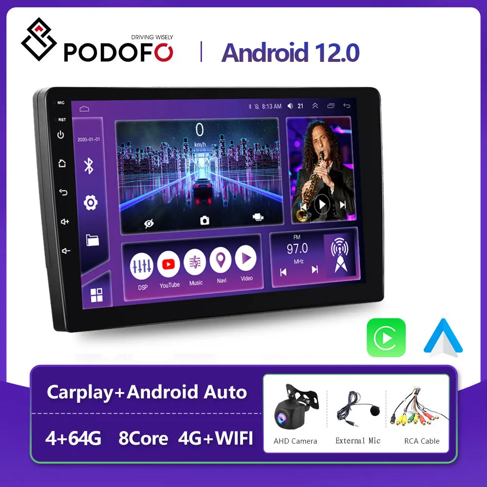 Podofo 8Core Android12 CarPlay Auto car radio GPS multimedia player 2 DIN universal 64GB Car stereo WiFi player No DVD Head Unit