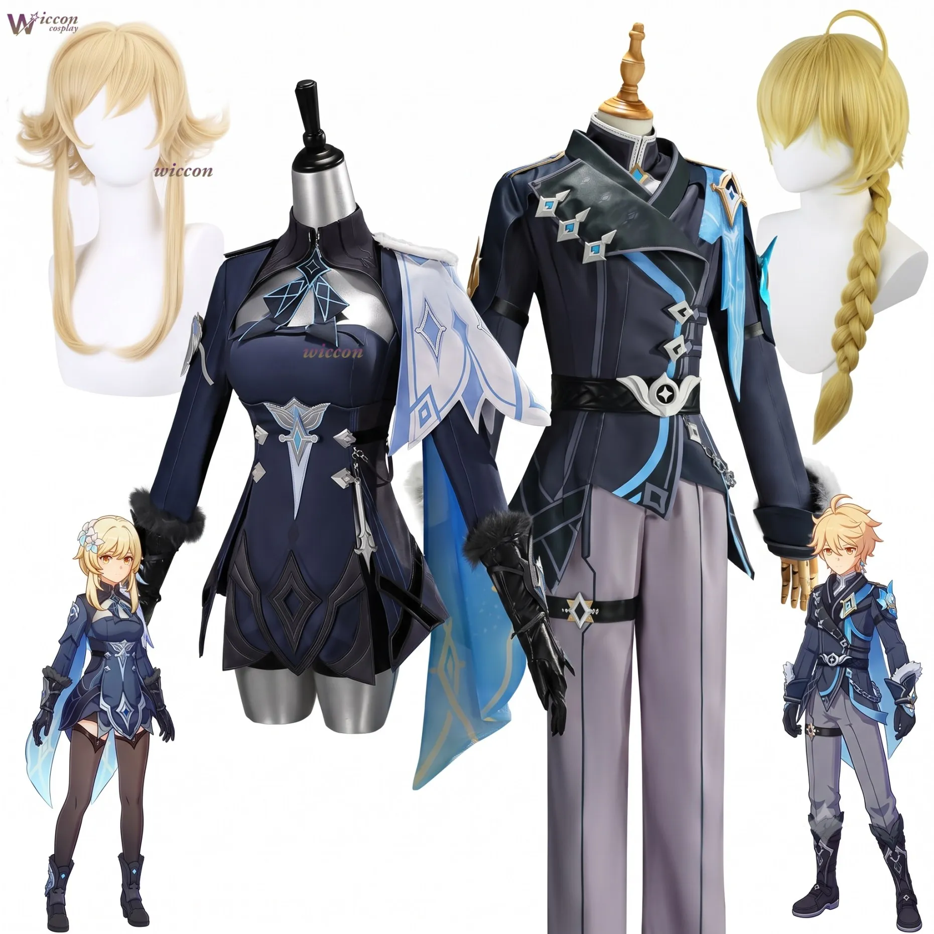 Genshin Impact Traveler Aether Snezhnaya/Lumine Cosplay Outfit Night Hunt in Snow Aether Lumine Dark Blue Cryo Halloween