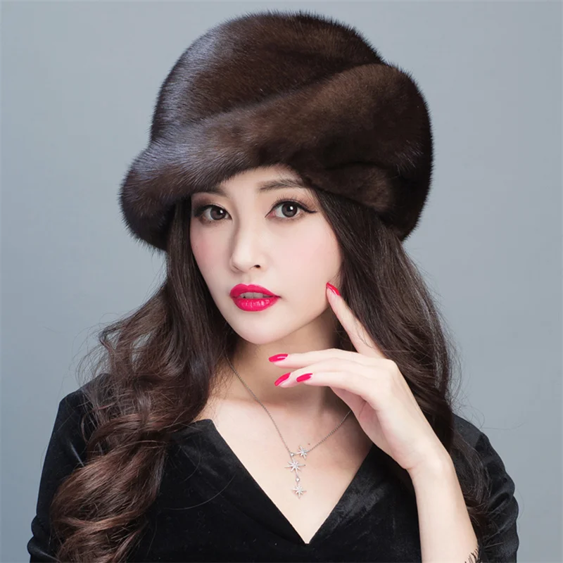 Winter Women\'s Mink Fur Hat Outdoor Warm Luxury Full Fur Hat Russian Fashion Soft Mink Hat Women\'s Warm Ear Hat Flower Pot Hat