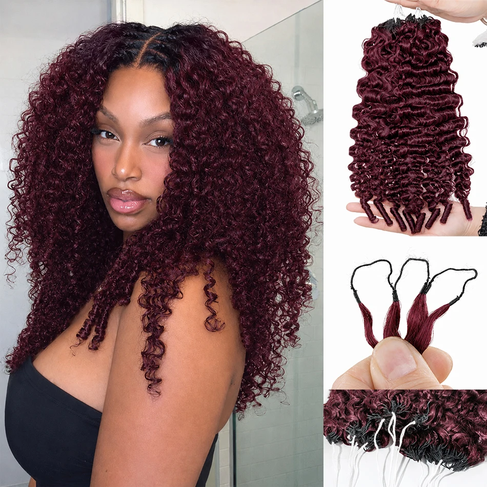 99J Burgundy Human Hair Burmese Curly Crochet Extensions Pre-Separated Boho Braiding Hair Knotless Miracle Knots Feather Finish