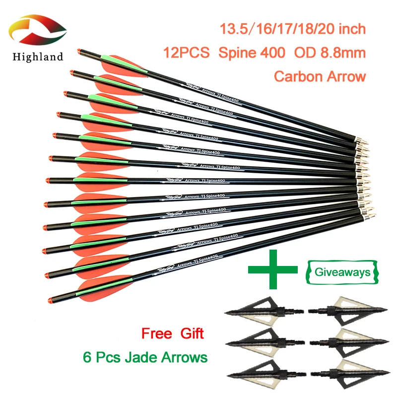 12pcs Spine 400 13.5-22 Inch Od 8.8 mm id7.6mm 3 Inch  Rubber Feather Carbon Arrow Free 6 Alloy Arrows  Outdoor Hunting Arrow