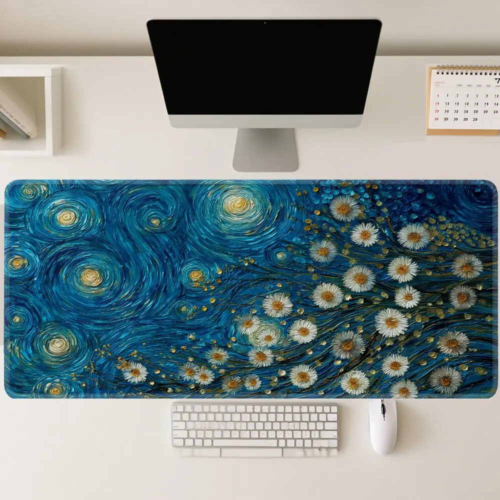 Van Gogh Starry Night Daisies Extended Gaming Mouse Pad Non-Slip Rubber Desk Mat for Office