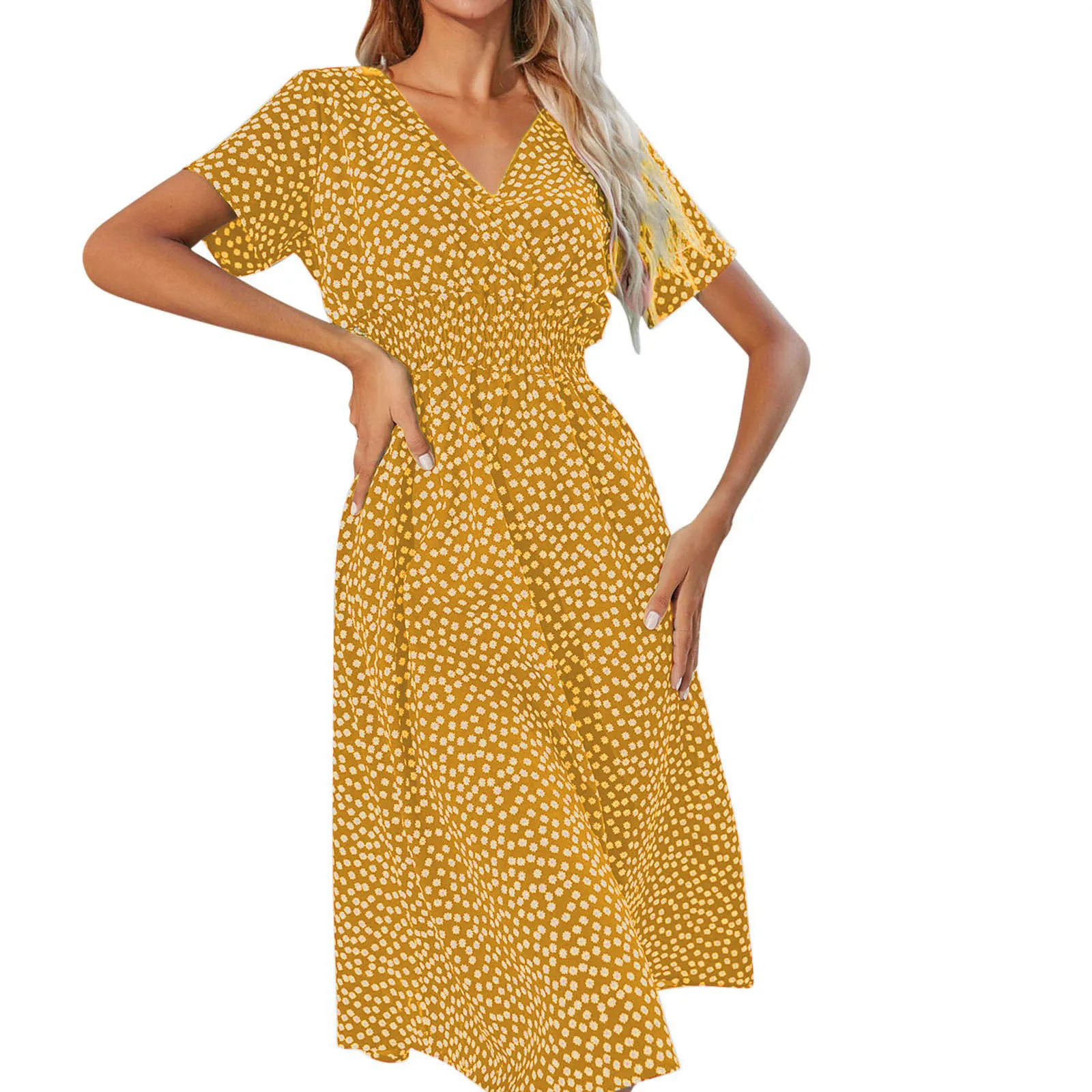 Women Floral Print Casual V Neck Short Sleeved Dress Lady A Line Beach Long Robe Dress European And American Rural Style