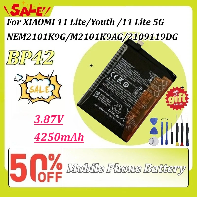 

New BP42 3.87V 4250mAh Mobile Phone Battery for XIAOMI 11 Lite/Youth /11 Lite 5G NEM2101K9G/M2101K9AG/2109119DG with Free Tools
