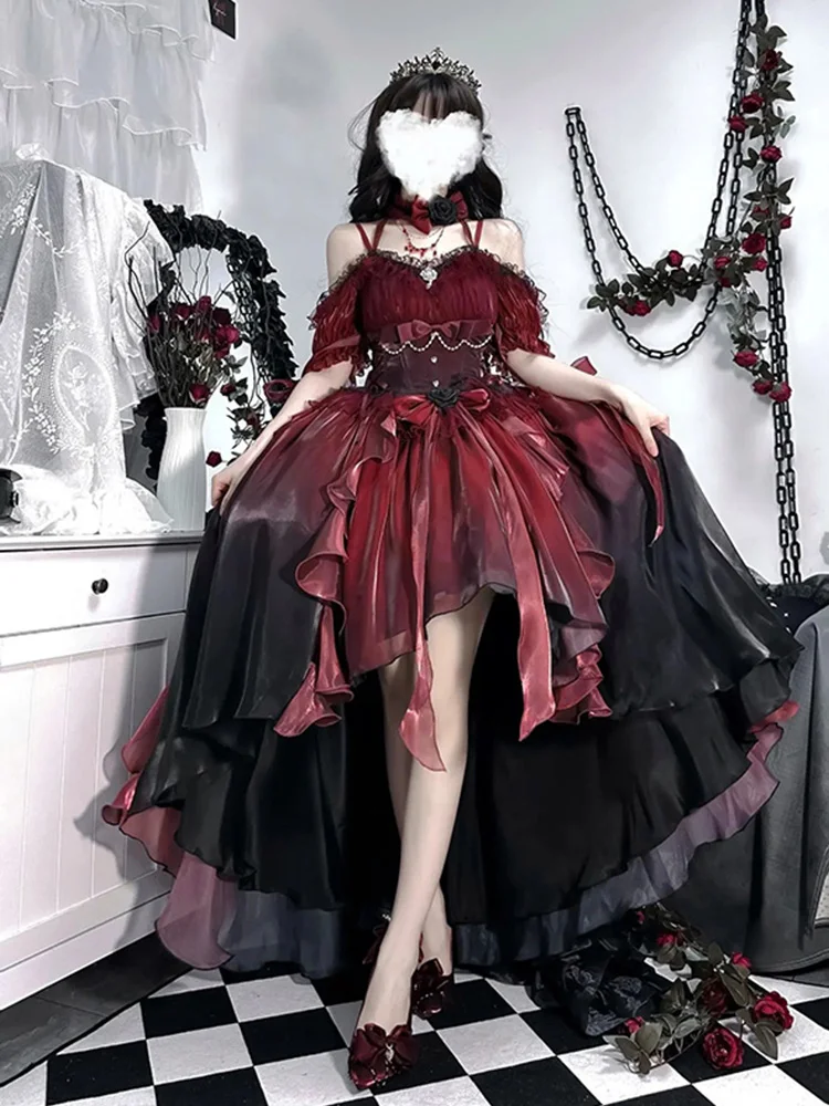 Red Flower Wedding Dress Lolita Front Short Back Long Heavy Industry Tail Umbrella