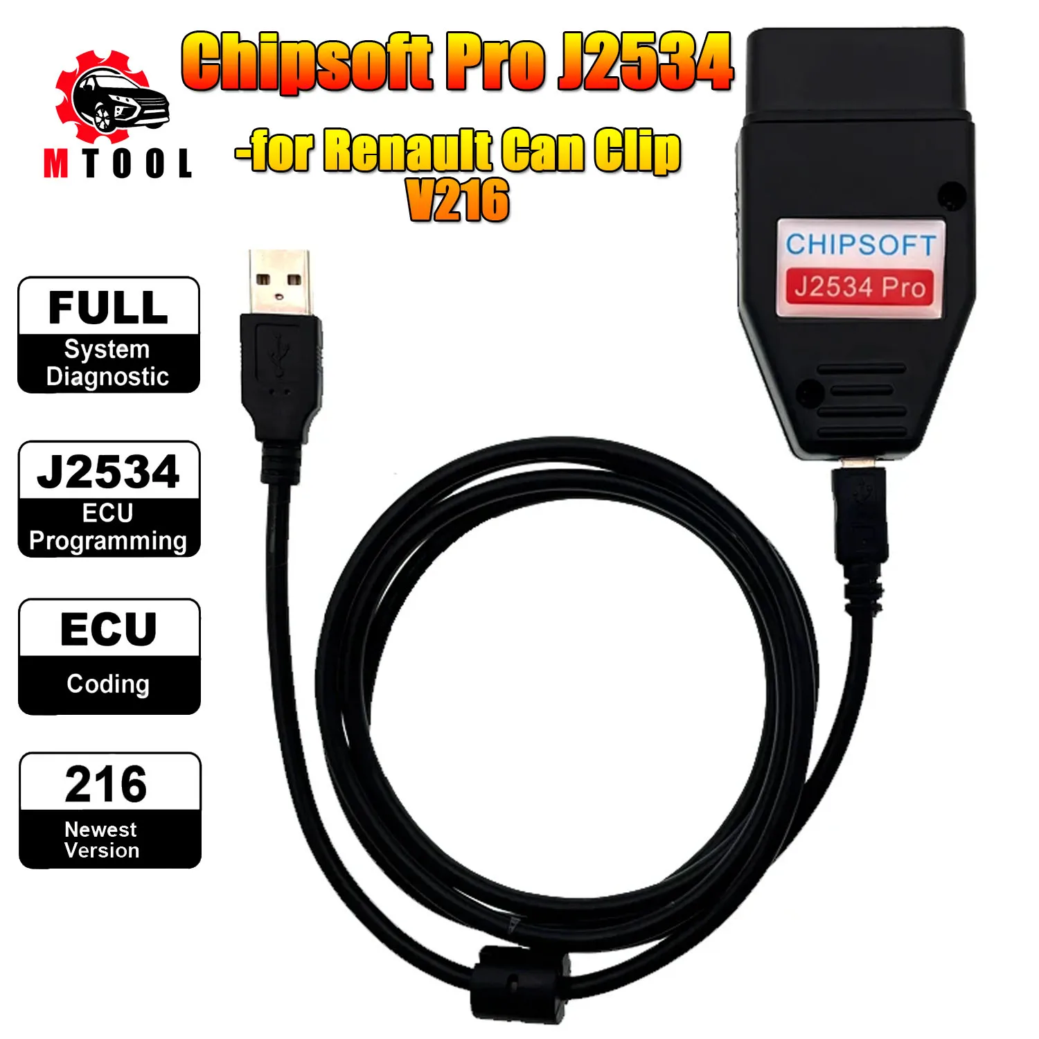 Chipsoft J2534 Pro for Renault Can Clip V216 VCI Diagnostic Cable OBD2 Car Diagnostic Tool J2534 Programming ECU Read Clear Code