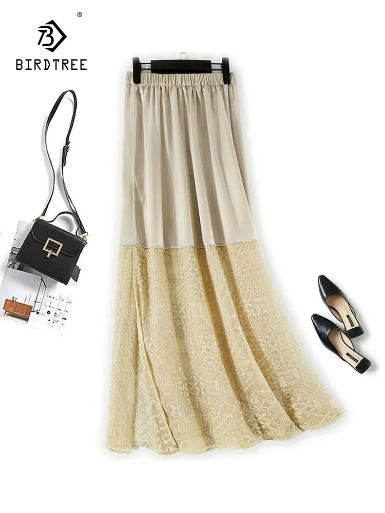 

BirdTree-Women Silk Elegant Velvet Skirts, Elastic Waist Embroidery, Retro Temperament Straight Skirt, 2025 Autumn New B5O463CC