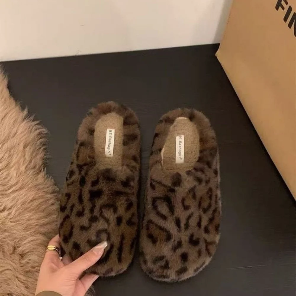 Y2K Leopard Women Flats Slippers Fur Mules Shoes Casual 2025 Fashion Slingback Short Plush Sneakers Woman Flip Flops Cozy Slides