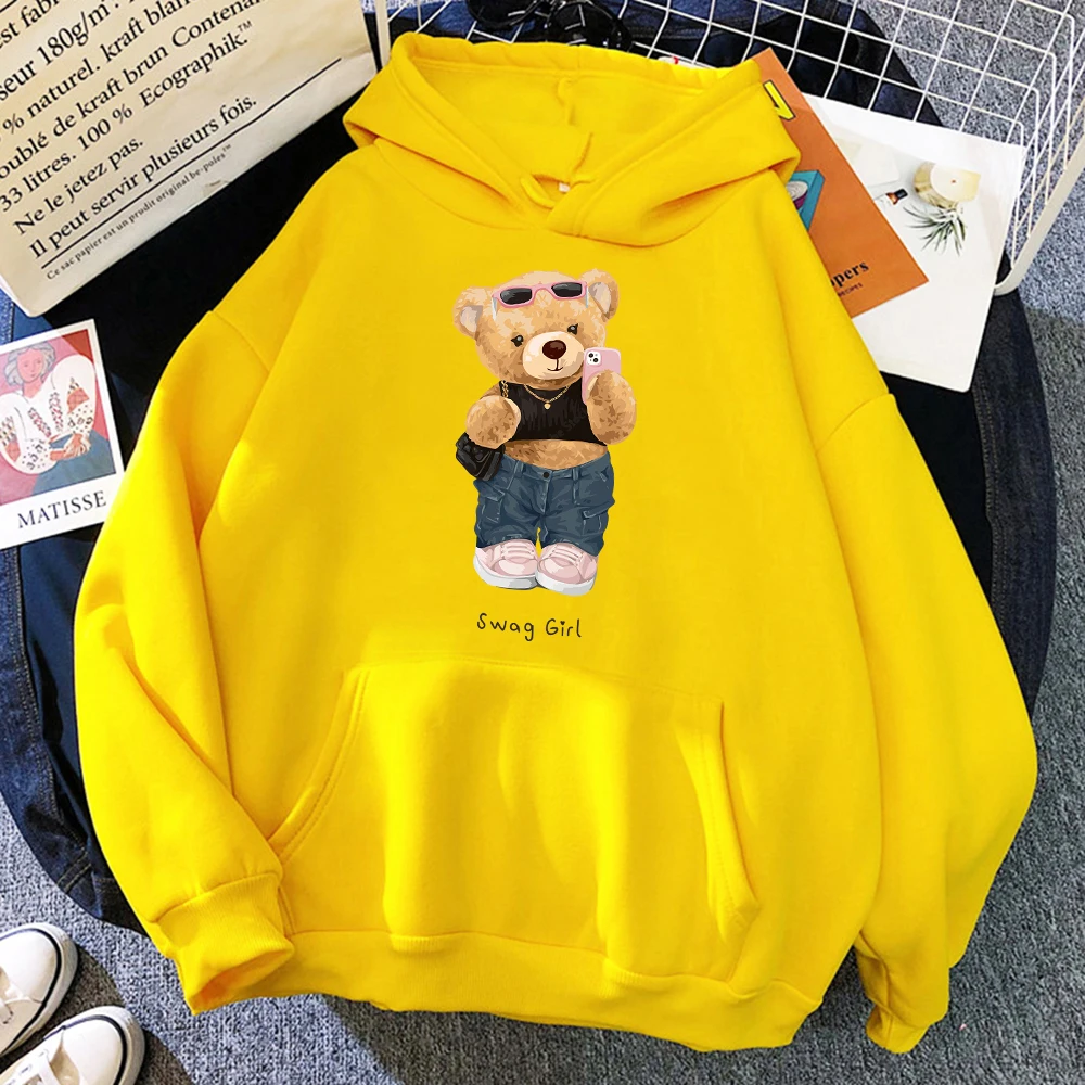 Street Teddy Bear Selfie Swag Girl Funny Women Clothes Breathable Loose Hoodies Harajuku Pocket Sweatshirt Soft Crewneck Hoody