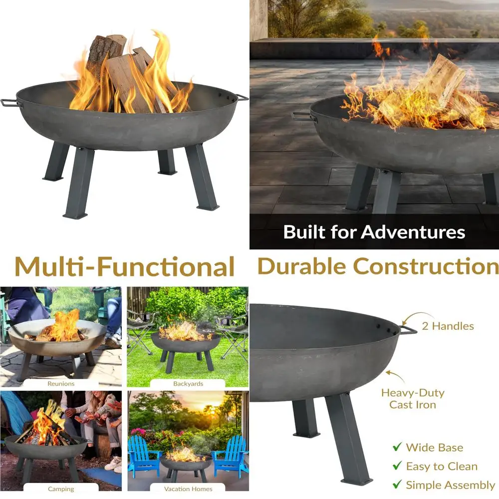 

34-дюймовая чавунная чаша для костра на открытом воздухе — сверхпрочная древесина со стальной отделкой и ручками