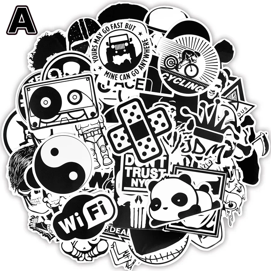 100 PCS Black and White Stickers Toys for Kids Graffiti Anime Funny Brand JDM Sticker to DIY Skateboard Laptop Suitcase Guitar