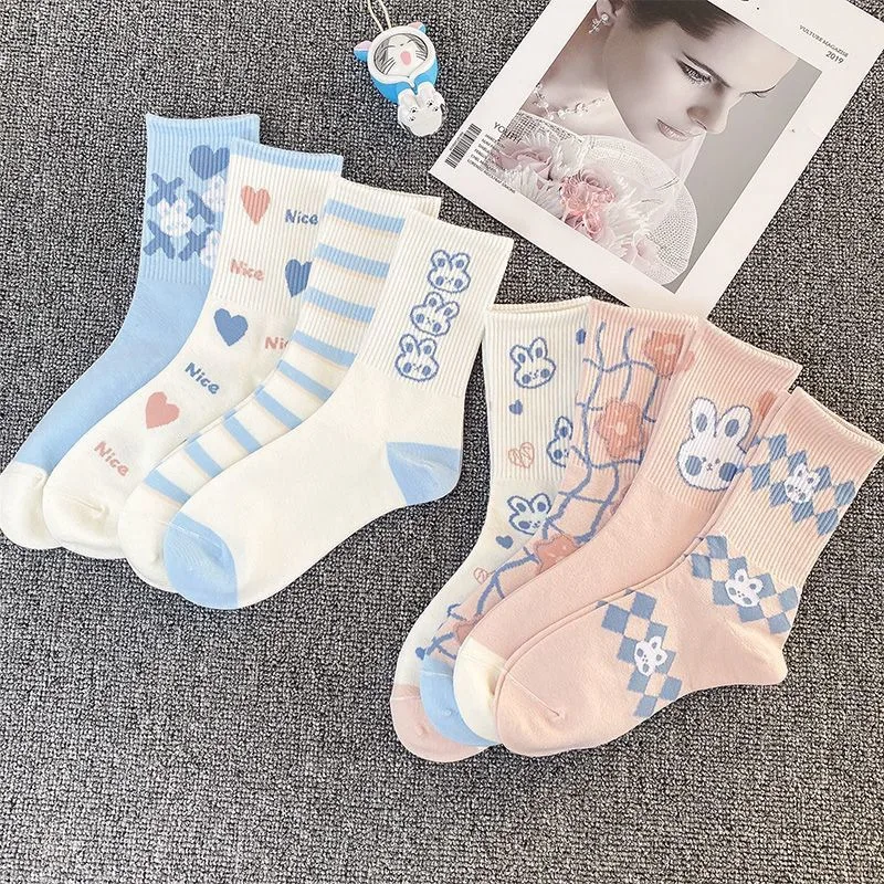 4 Pairs Cute Rabbit Middle Tube Socks For Women Trendy Versatile High Aesthetic Value Pink Color Sweet Funny Socks All Seasons