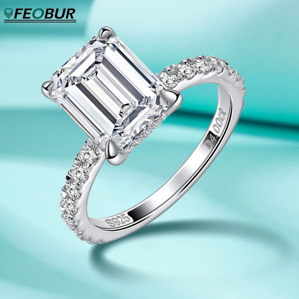 

﻿ FEOBUR 4ct Rectangle Moissanite Rings Emerald Cut Solitaire Diamond Wedding Band for Women 925 Silver Classic Engagement Ring