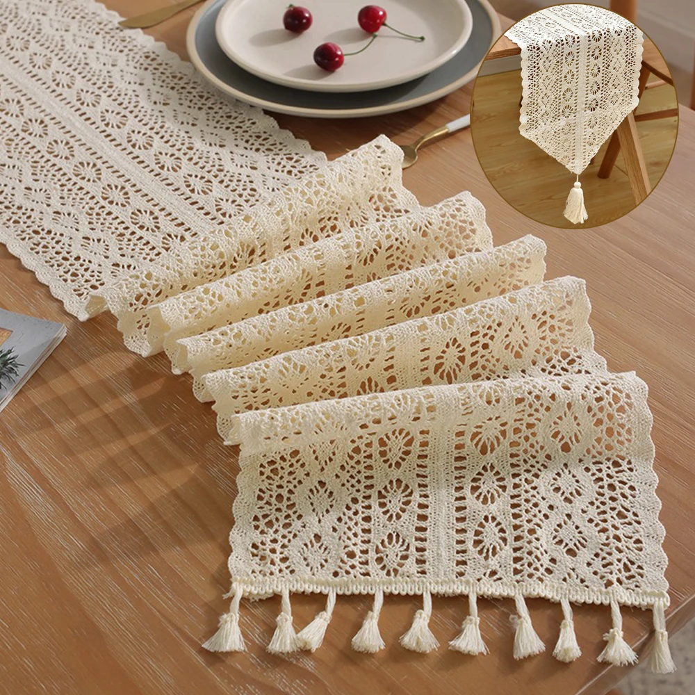 Vintage Beige Table Runner Lace Hook Flower Hollowed Out Cotton Blended Fabric with Tassel for Coffee Table Decor Wedding Decor